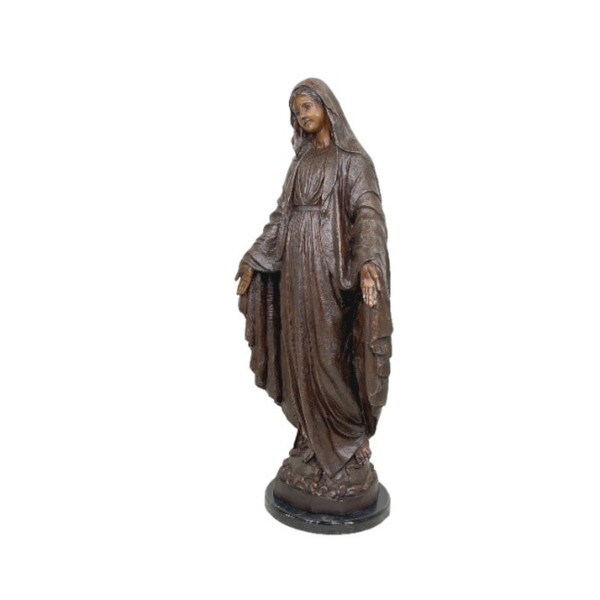 Madonna with Marble Base Bronze Statue Virgin Mary Religious Sculpture